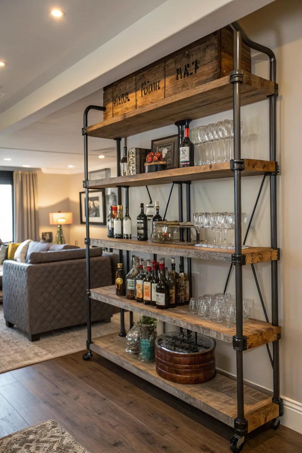Urban metal-pipe shelves contribute a daring element to your bar.