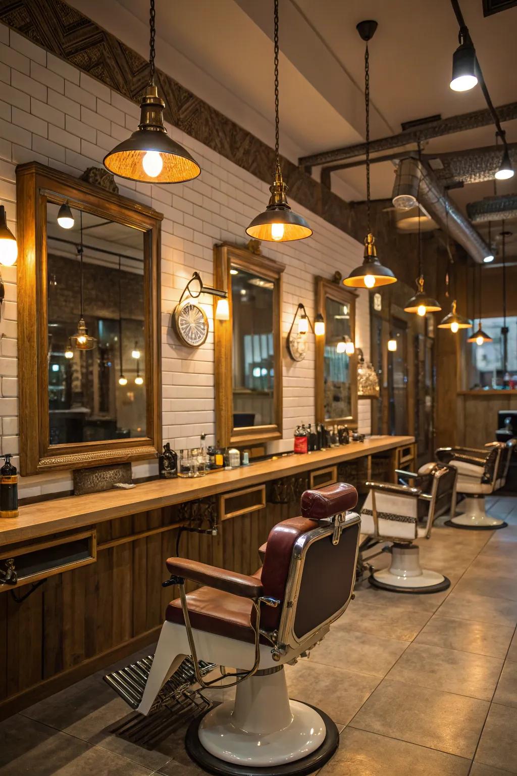 A barbershop enhanced with evocative industrial hanging lamps.