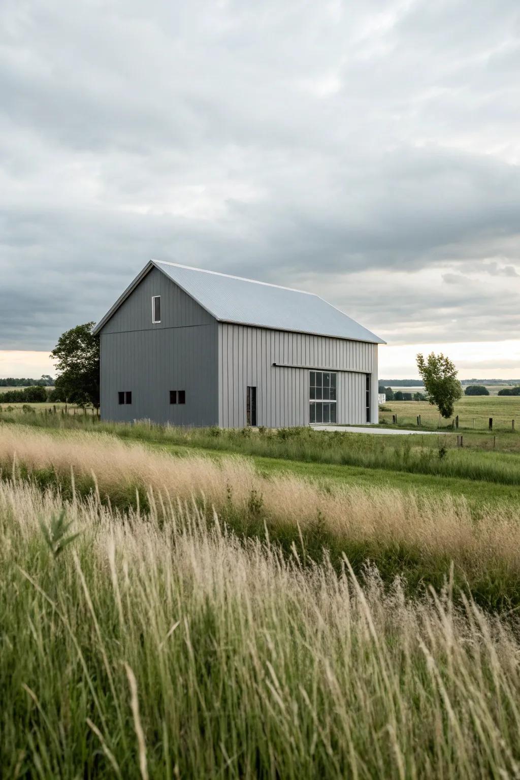 A modern gray barn displaying clean lines and contemporary aesthetics.