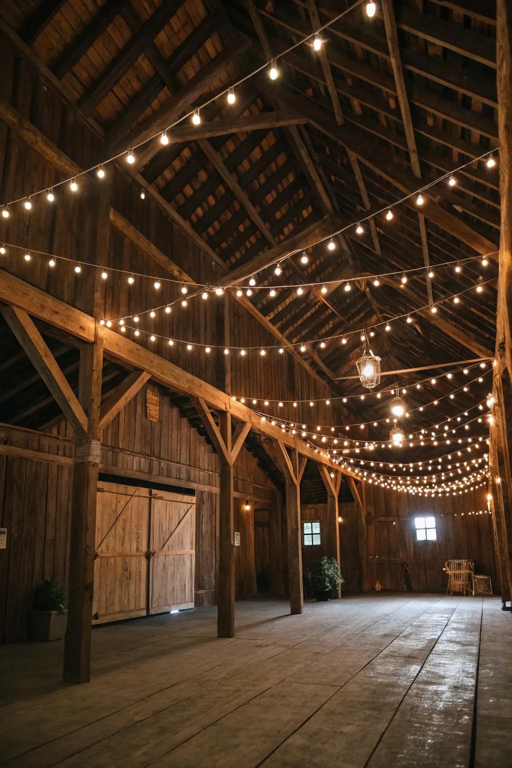 String lights add a magical glow to the barn dance setting.