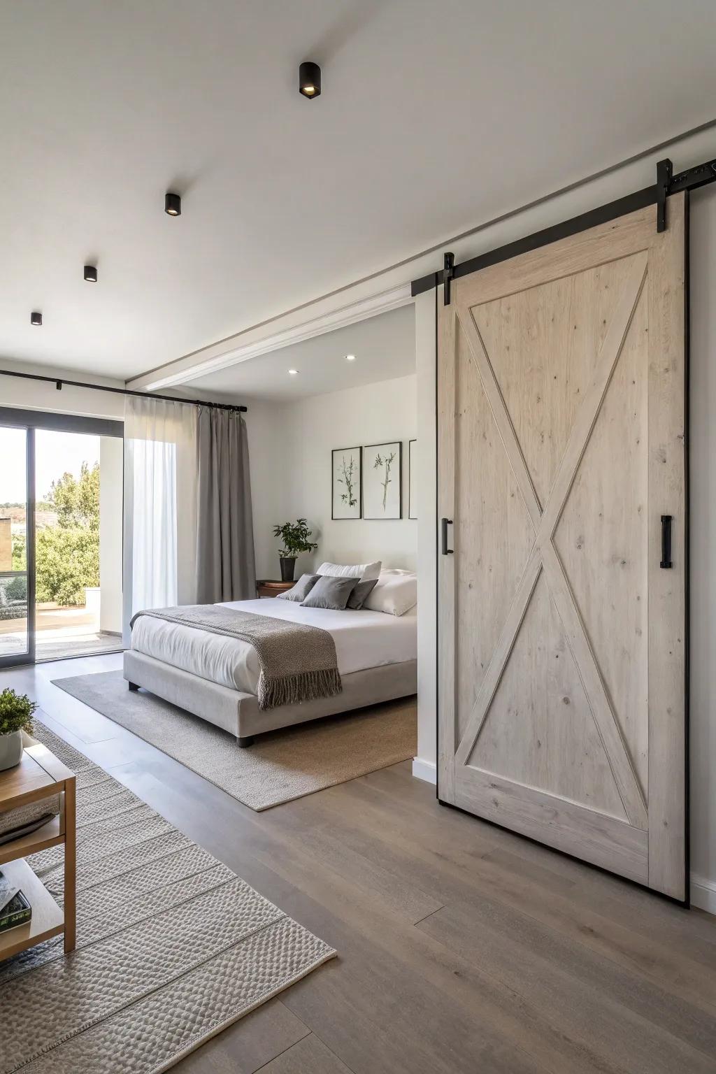 A streamlined bedroom enhanced by a chic gate, embodying contemporary elegance.