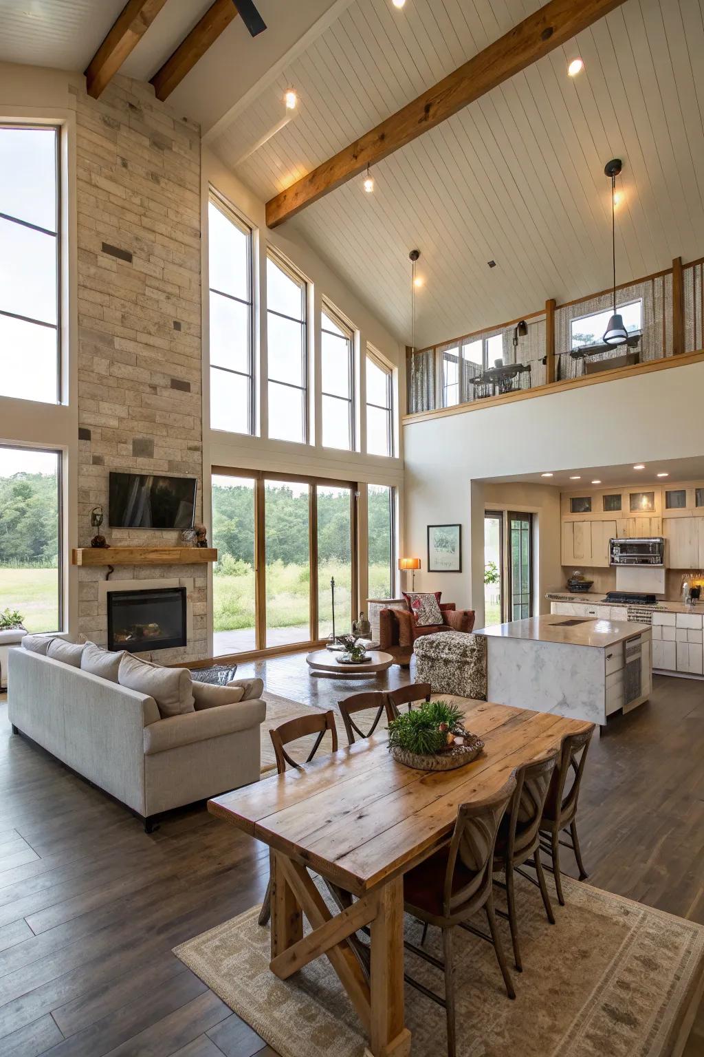 This barndominium boasts a spacious, welcoming open layout.