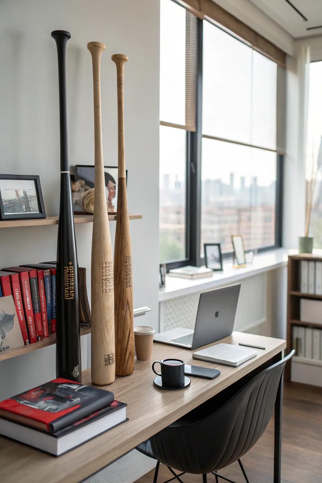 Baseball bats as the focal point of a unique shelving structure.