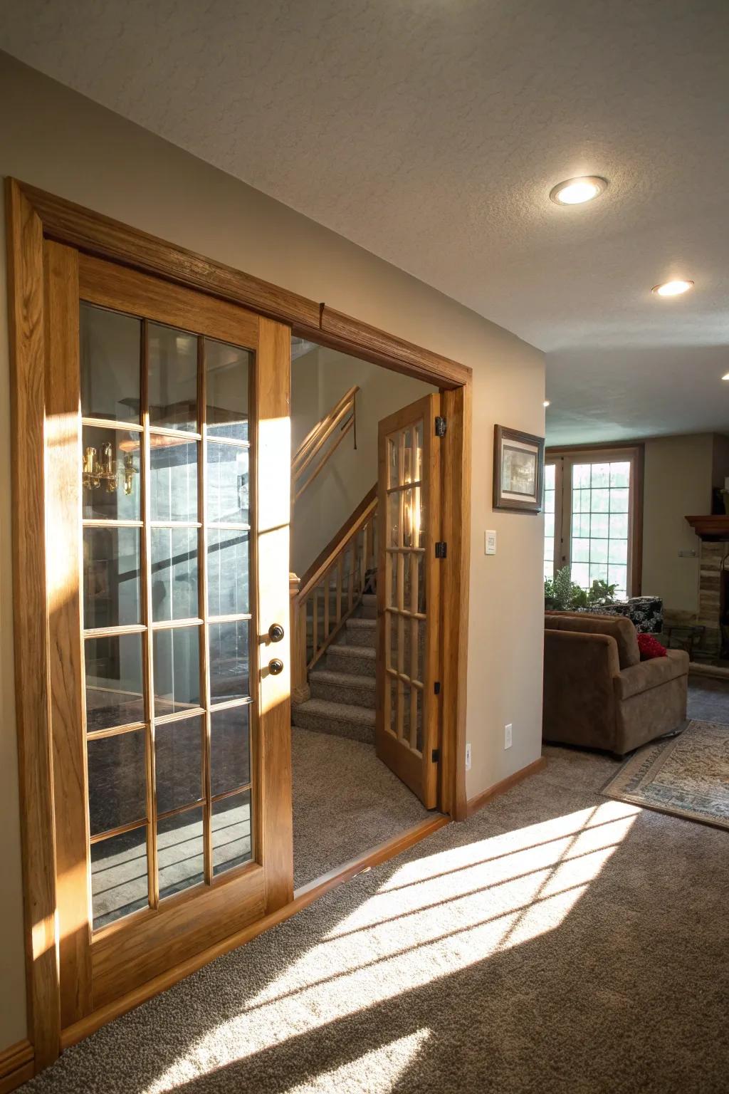 A glass door bathes the basement in natural light, fostering a welcoming ambiance.