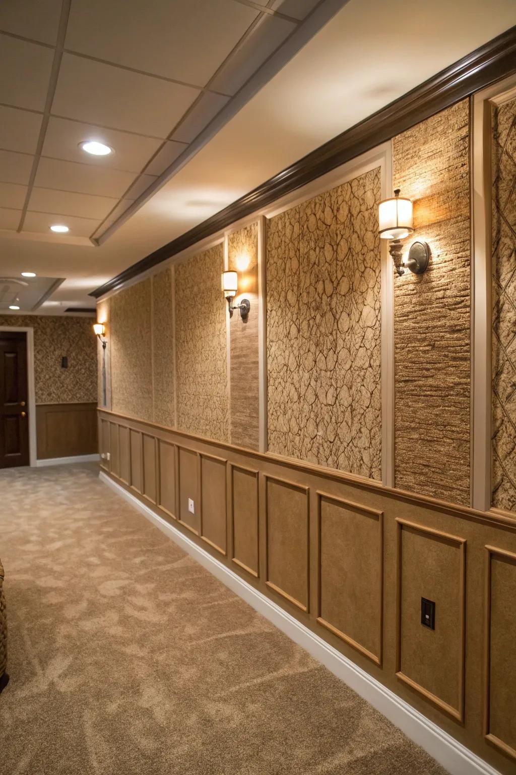 Textured panels make basement walls more interesting and deep.