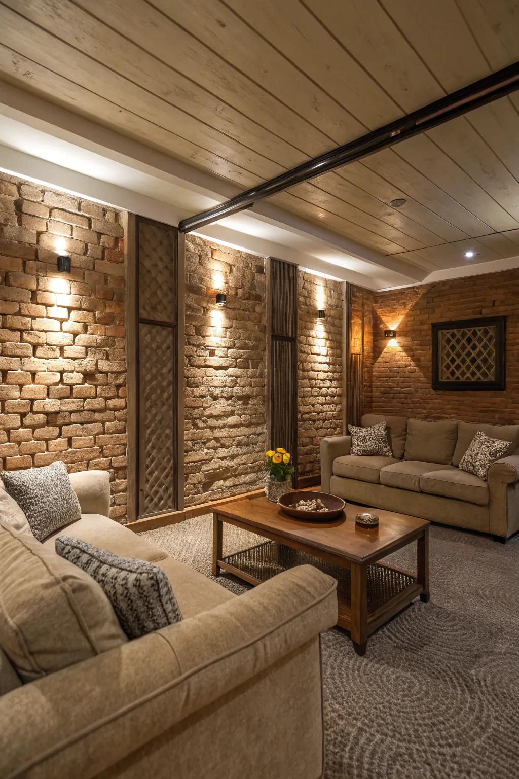 Textured surfaces add warmth and depth to basements.