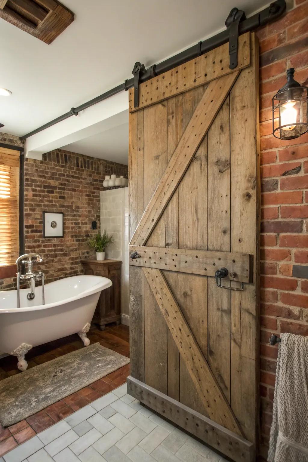 Country-style barn doors infuse warmth and personality into bathroom aesthetics.