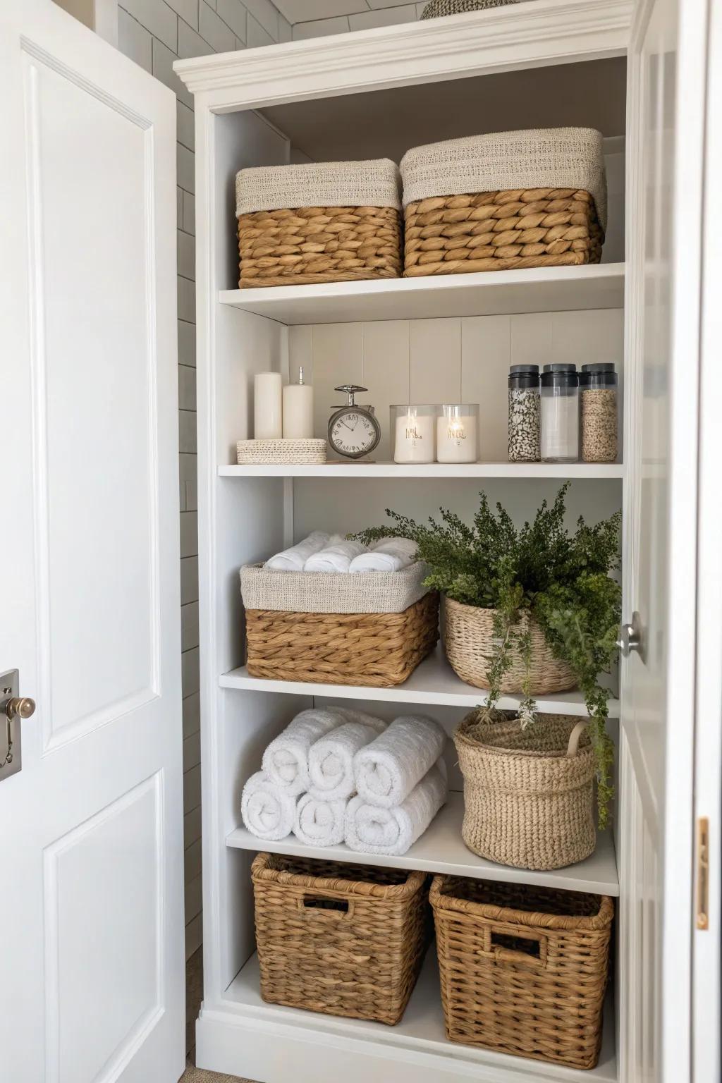 Baskets provide practical organization and add a decorative accent.