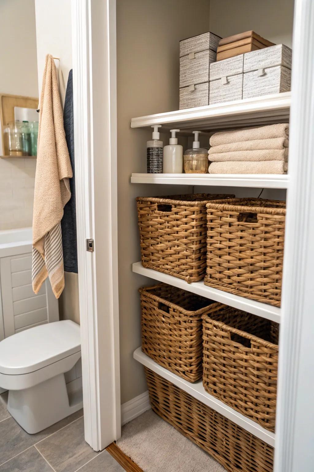 Wicker baskets give a warm, organized vibe.