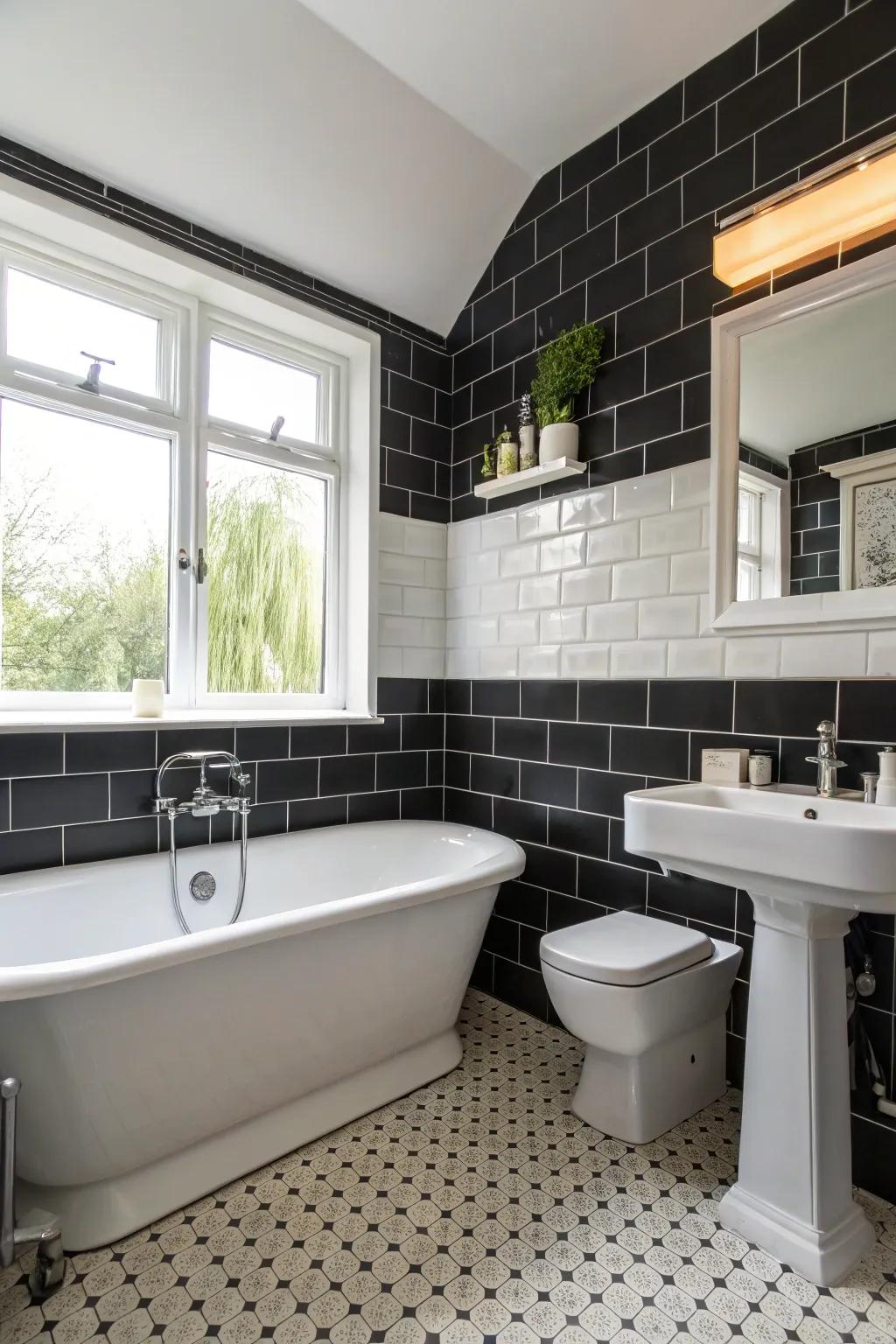 Create an impression through bold ebony features within your restroom layout.
