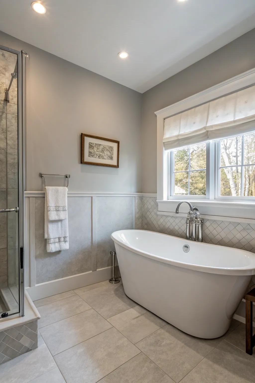 Soft shades fashion a soothing and inviting bathroom ambiance.