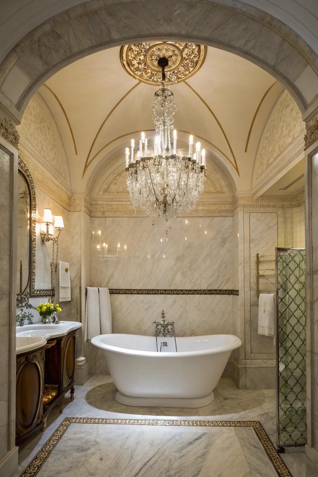 A chandelier gracefully hangs over the bathtub, infusing a sense of luxury.