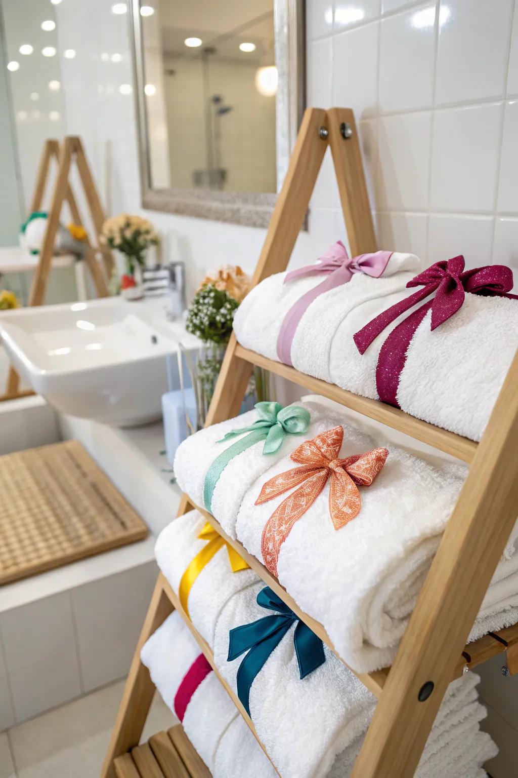 Bring character to your towels by adding colorful ribbons and bows.