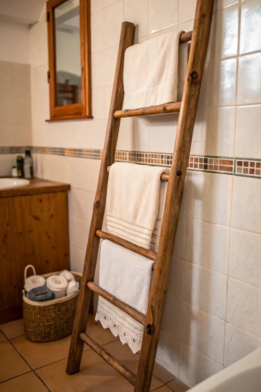 Ascending frames provide a countryside-chic and elegant way to keep towels.