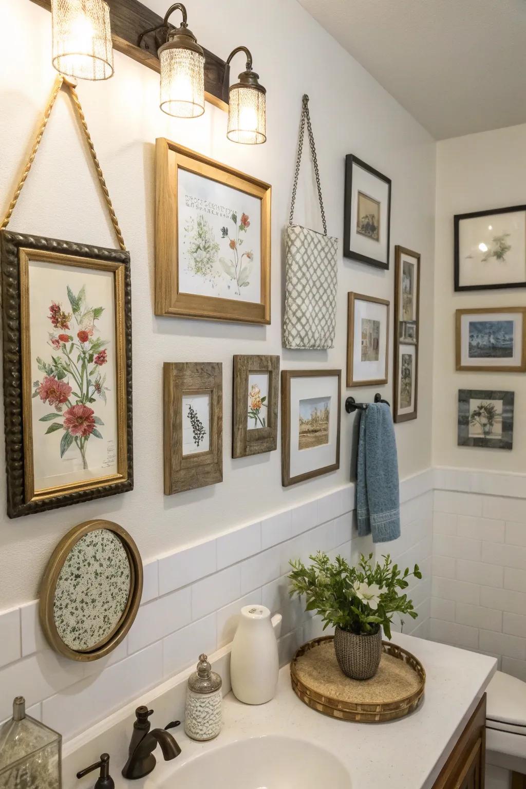 Art alters restroom walls into a curated, personal exposition.