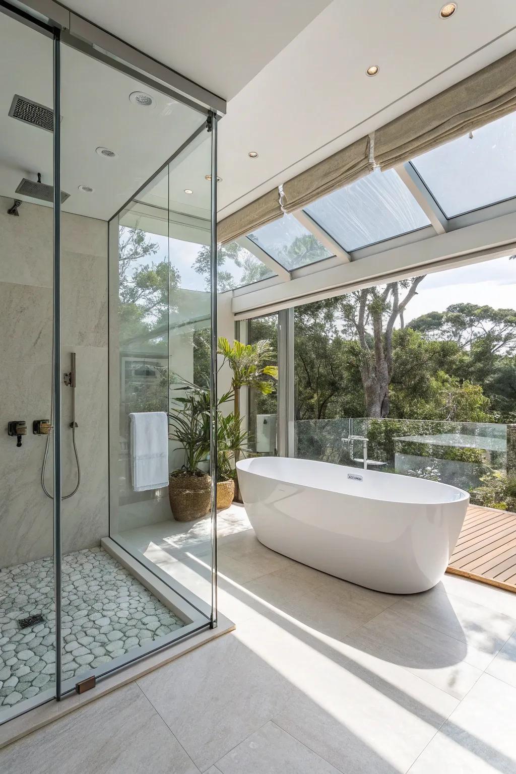 Clear shower partition enhancing the spaciousness of a bathroom.