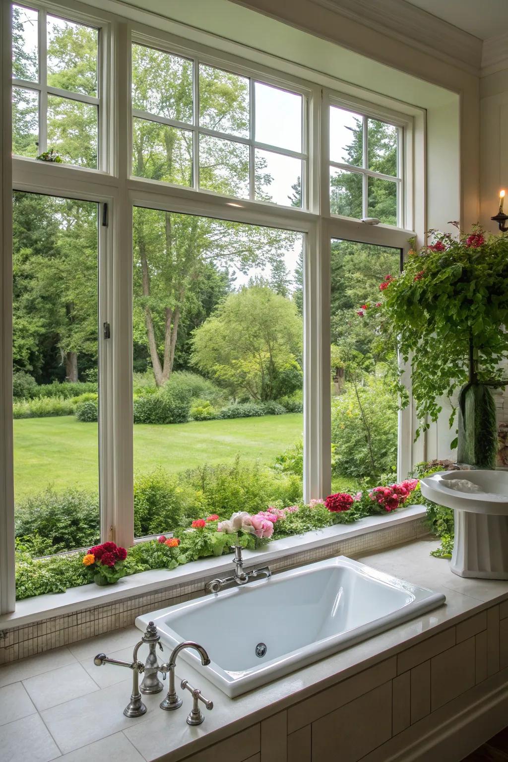 A bathtub positioned near a generous window showcases a picturesque view of the garden.