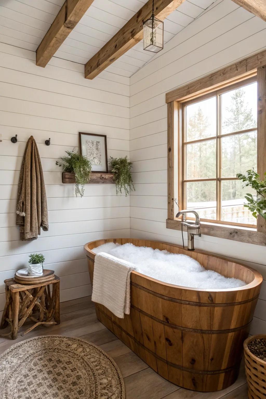 Wood plank cladding infuses your bathroom with rustic charm.