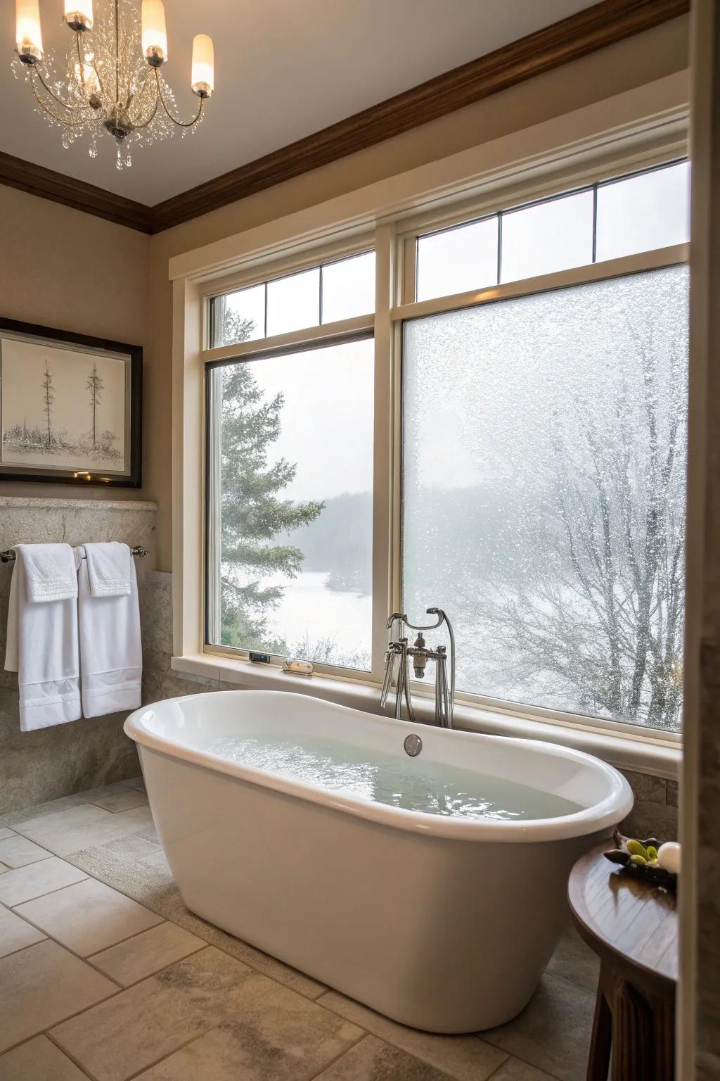 A tub coupled with obscured glass, balancing privacy with natural light.