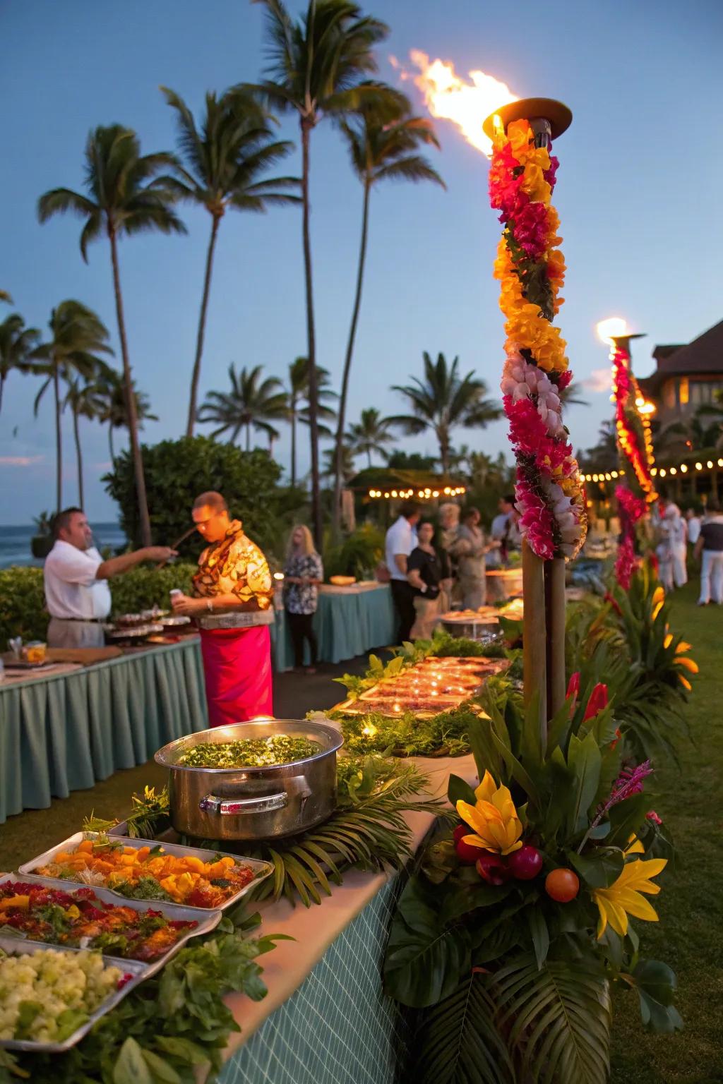 An energetic and delightful Tropical Luau BBQ arrangement.