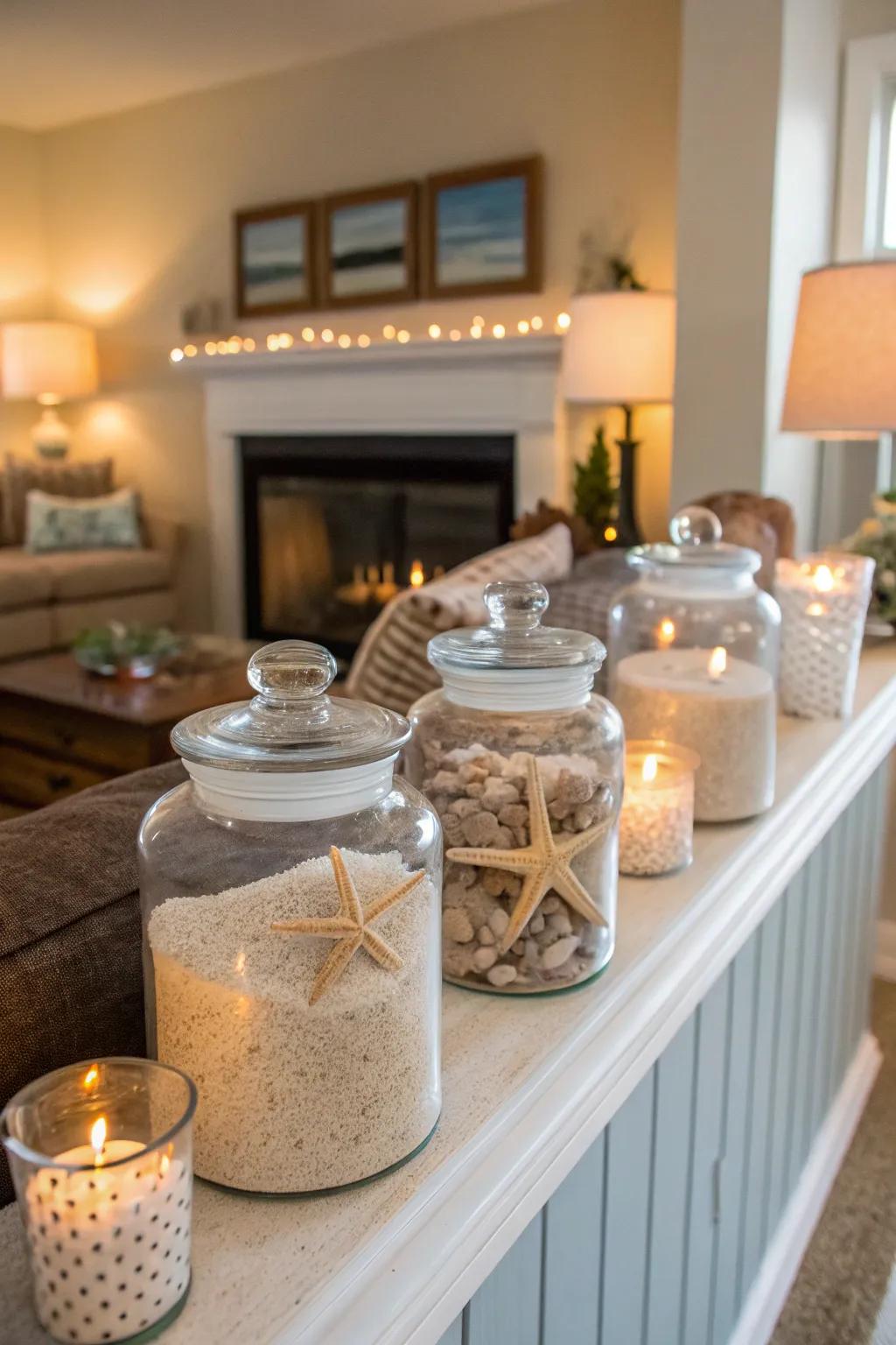Glass containers transform everyday materials into coastal treasures.