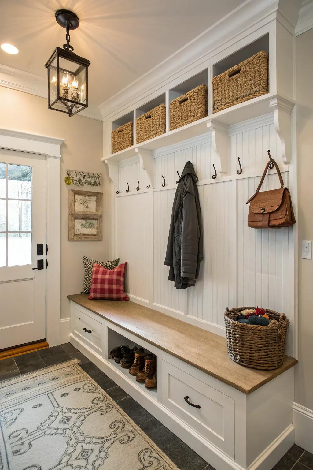An exquisite entrance area showcasing beadboard walls and useful storage.