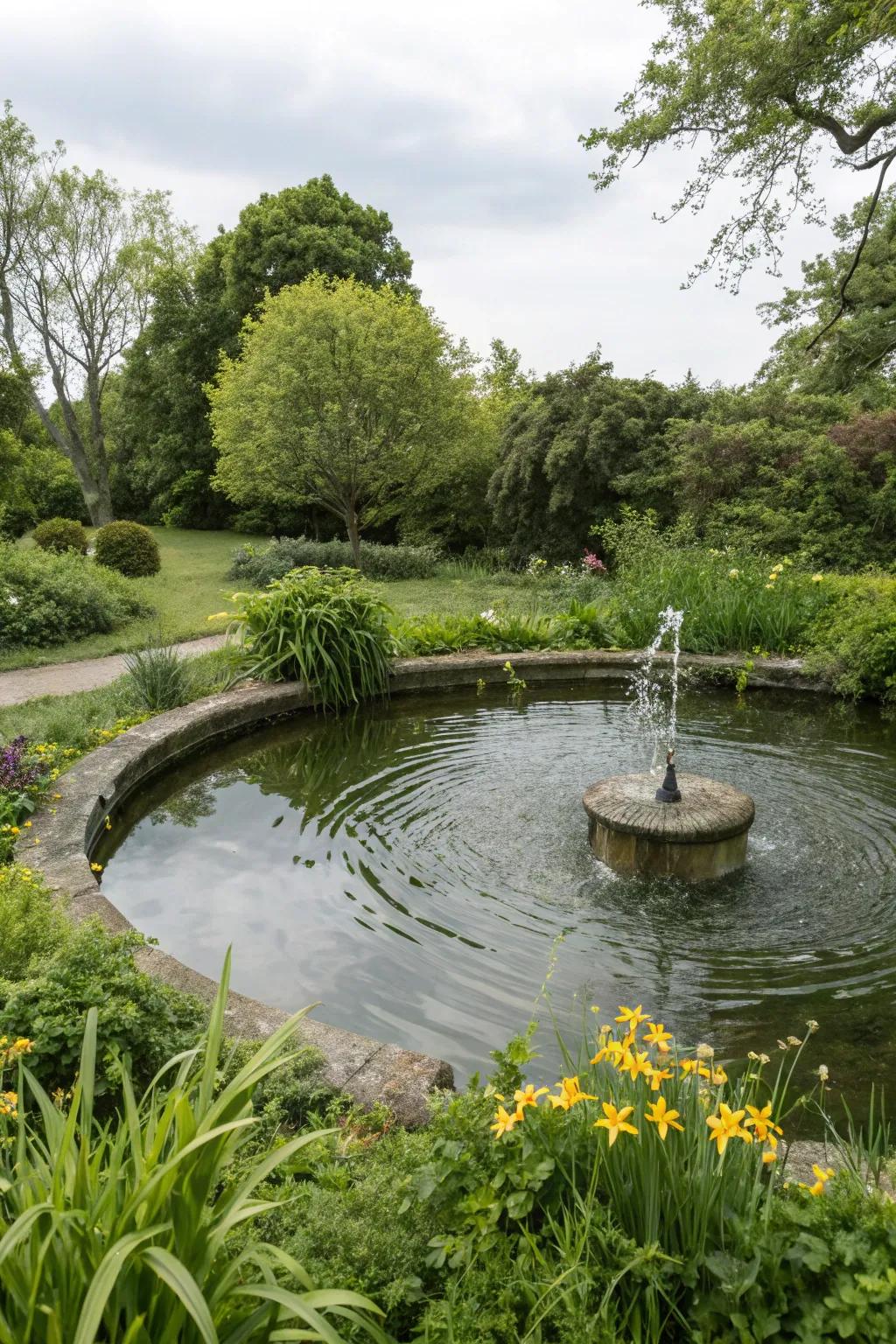 A tranquil garden pond featuring a soft fountain, embraced by vibrant spring vegetation.
