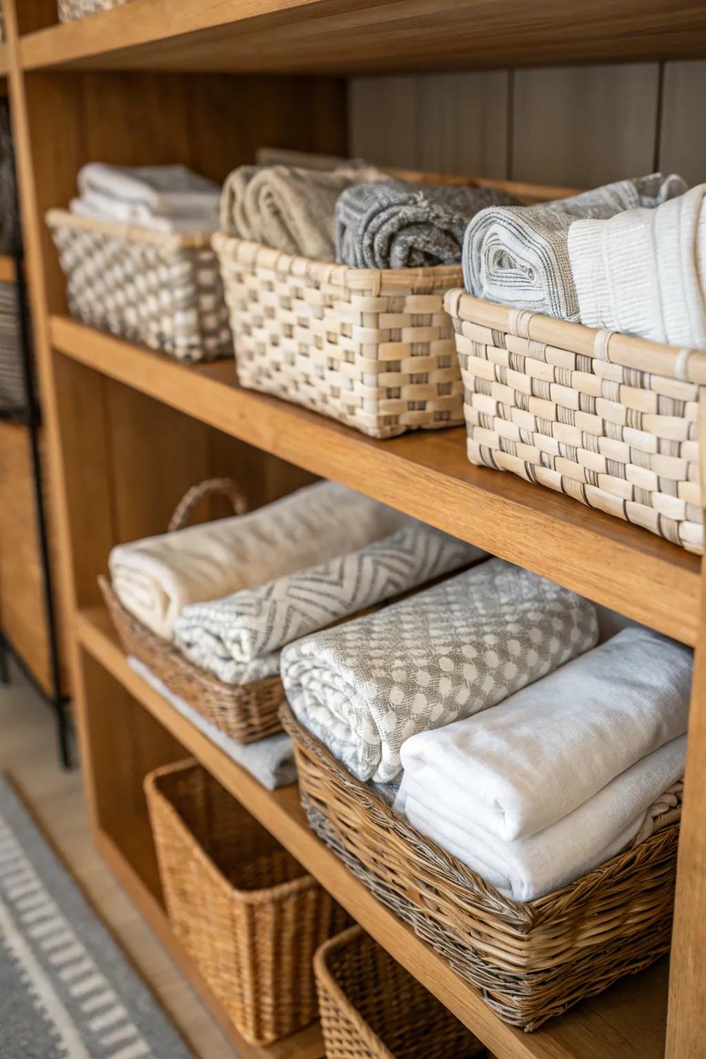 Containers introduce flair and order to your linen storage.