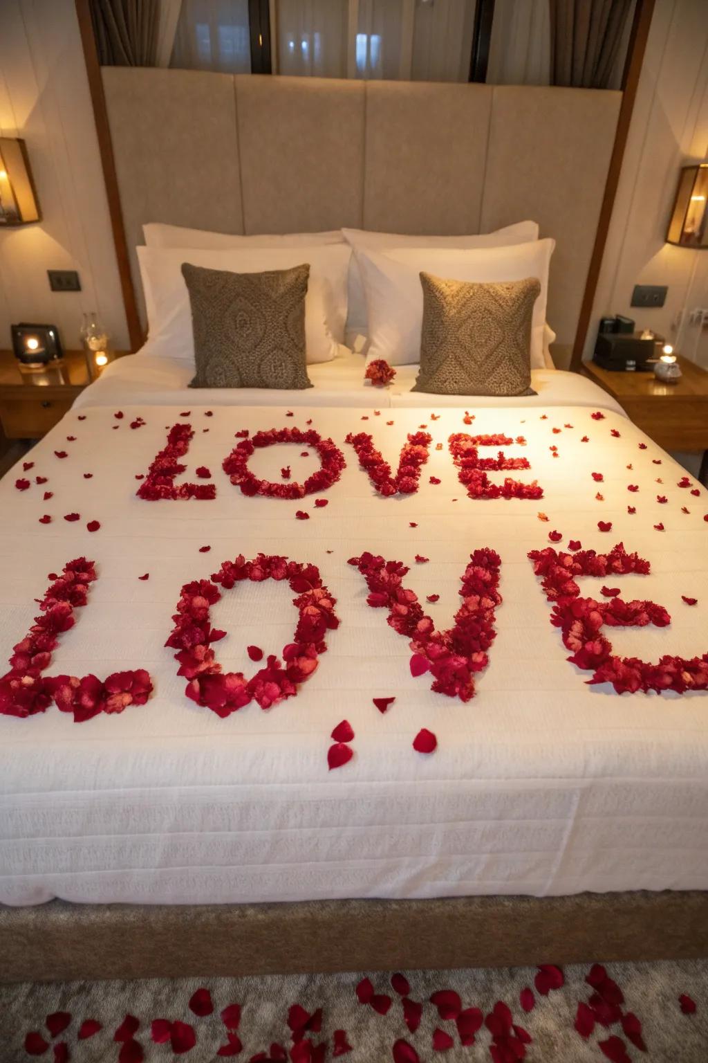 A loving message spelled out with rose petals for a personal surprise.