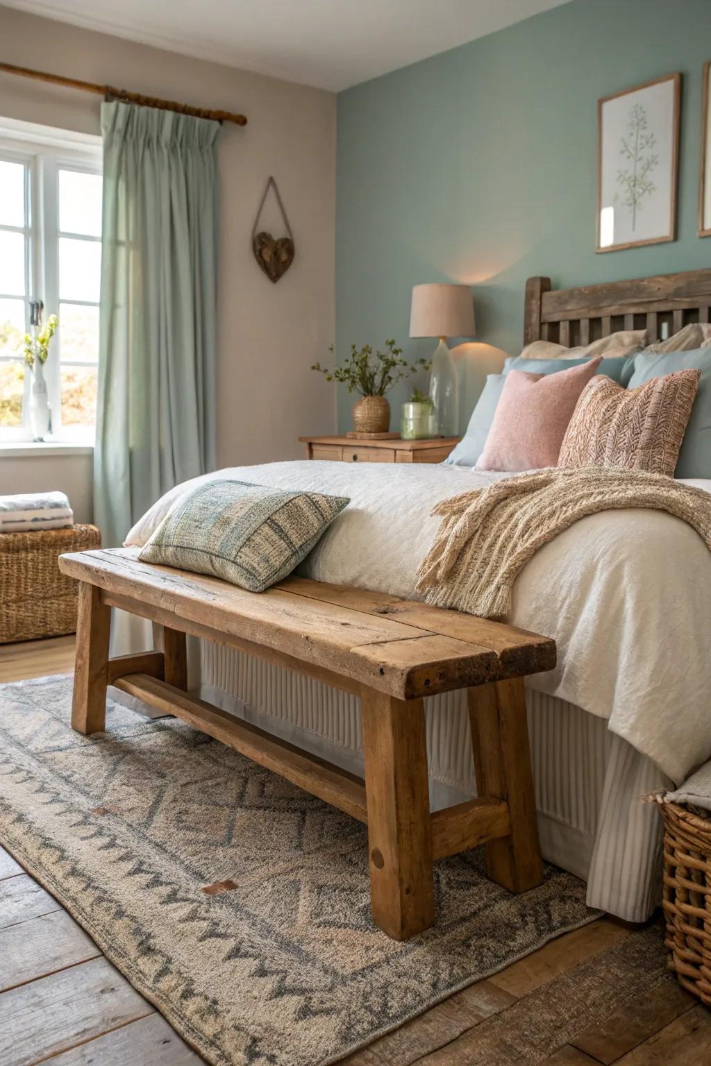 A timber bench enriches your bedroom with pastoral charm and warmth.