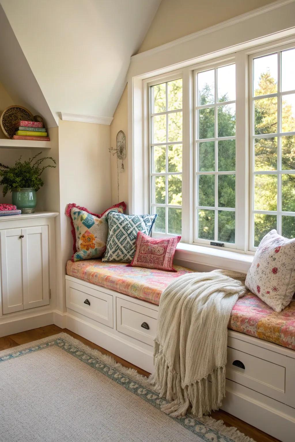 A delightful window alcove in a sleeping quarters, providing a seamless fusion of relaxation and design.