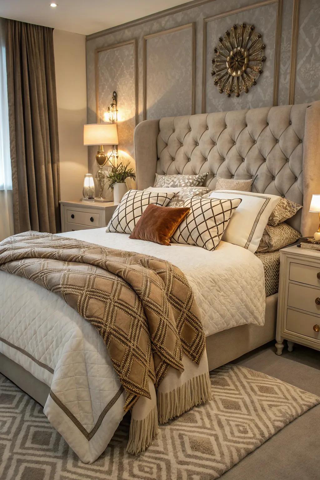 Layered cloths on a bed, bringing warmth and feel to this stylish bedroom.