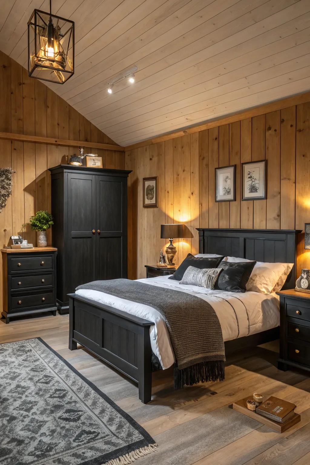 Natural wooden elements imbue warmth into a bedroom featuring stylish black furniture.