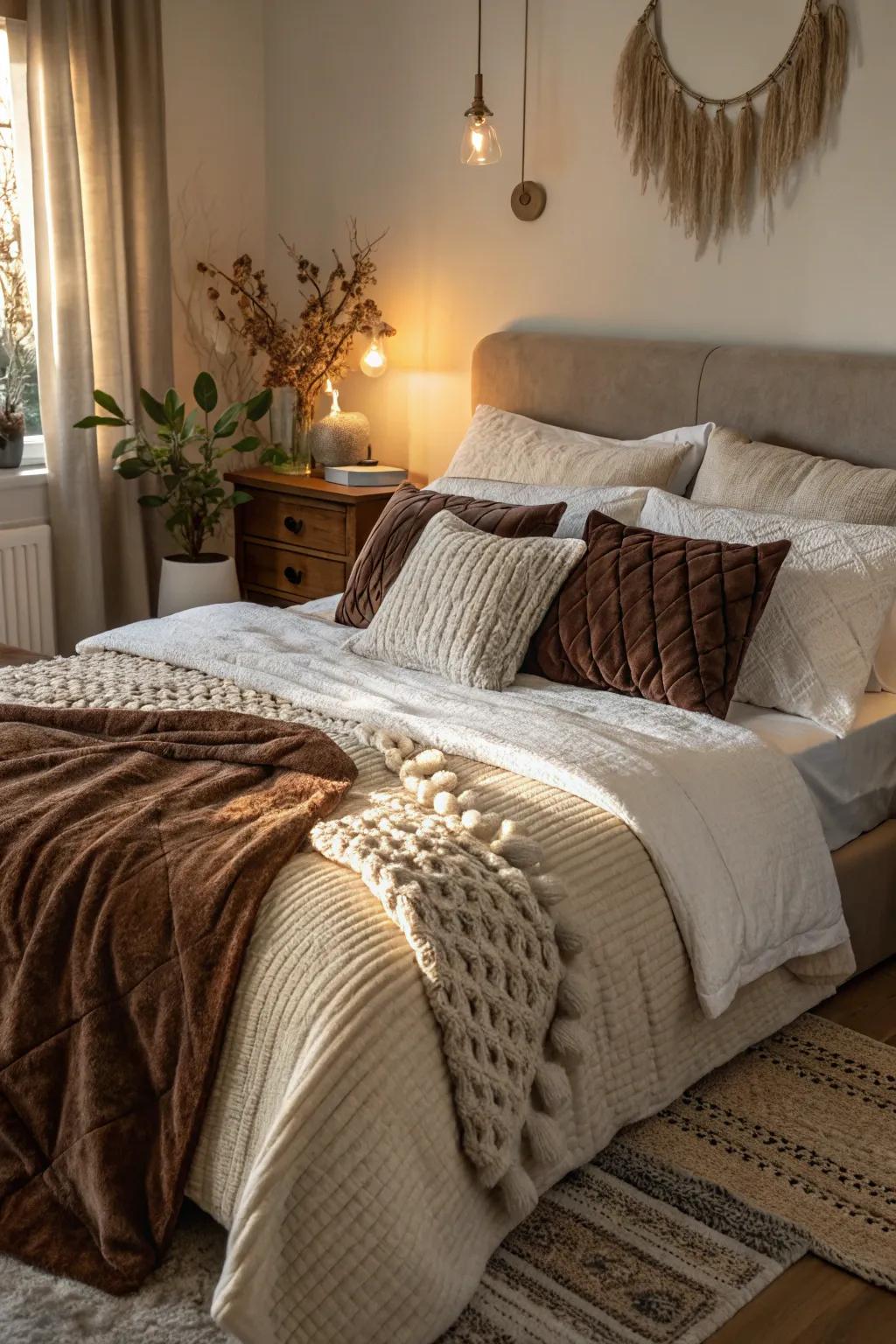 A cozy bedroom radiating warmth thanks to its rich textural layers.