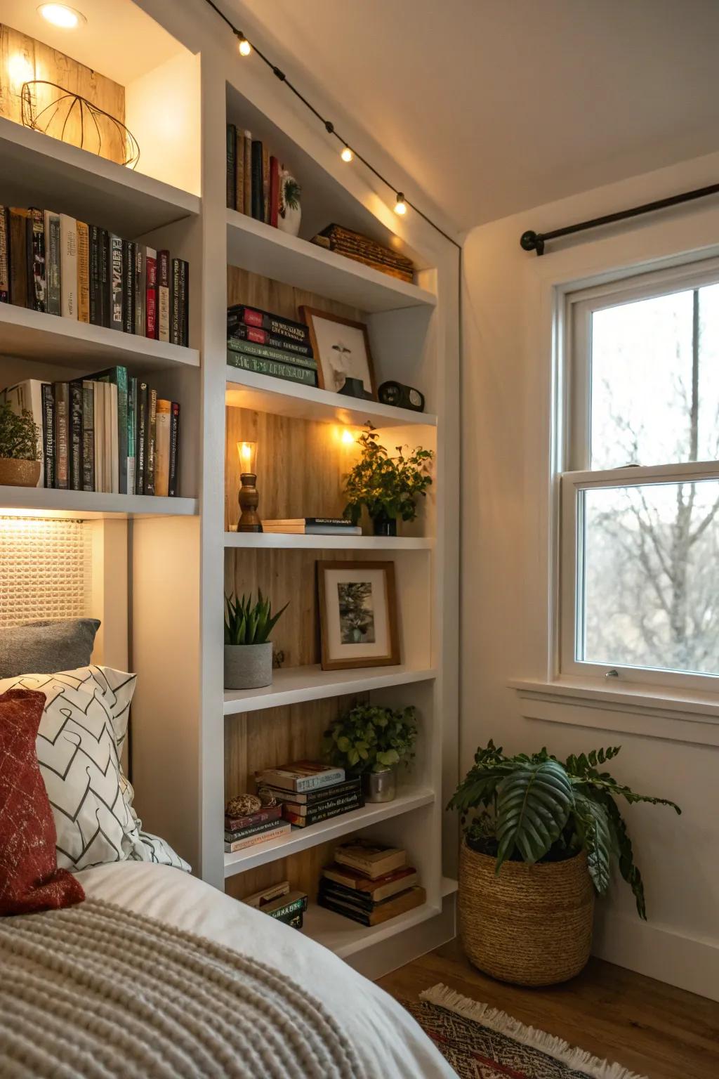 A cozy bedroom nook featuring custom shelves, offering a personal library ambiance.