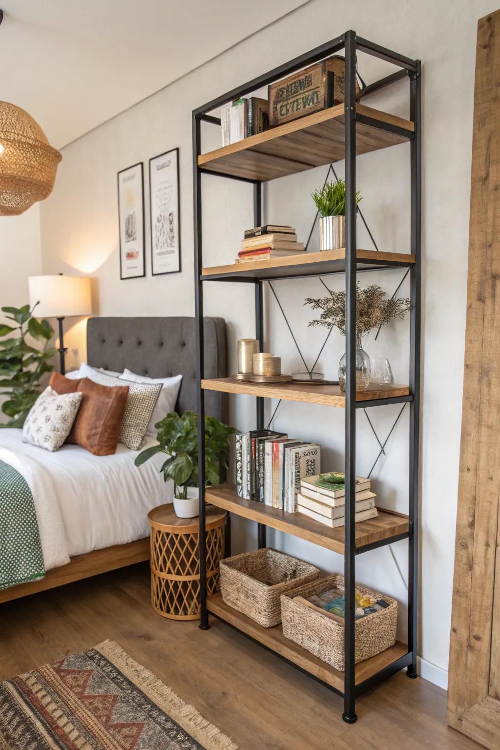 Different materials offer a compelling contrast in bedroom shelving.