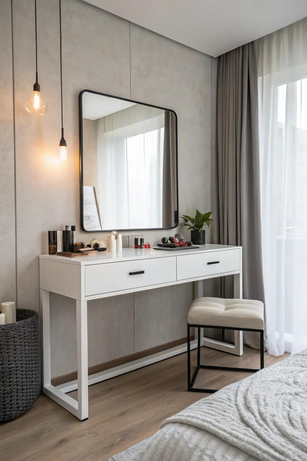 A simple vanity for a sleek and calm bedroom.