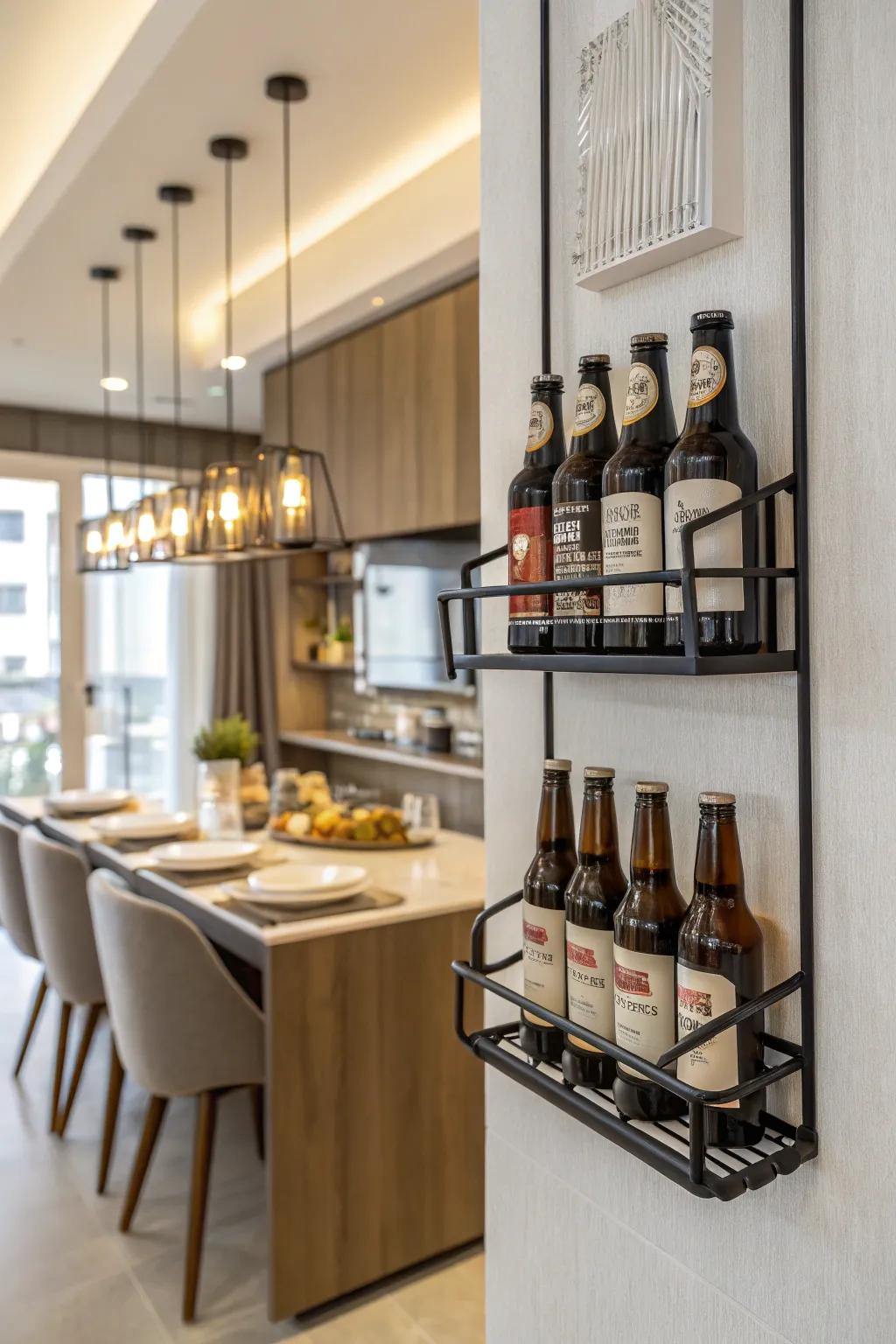 A modern wall-mounted brew bottle rack in a dining room.