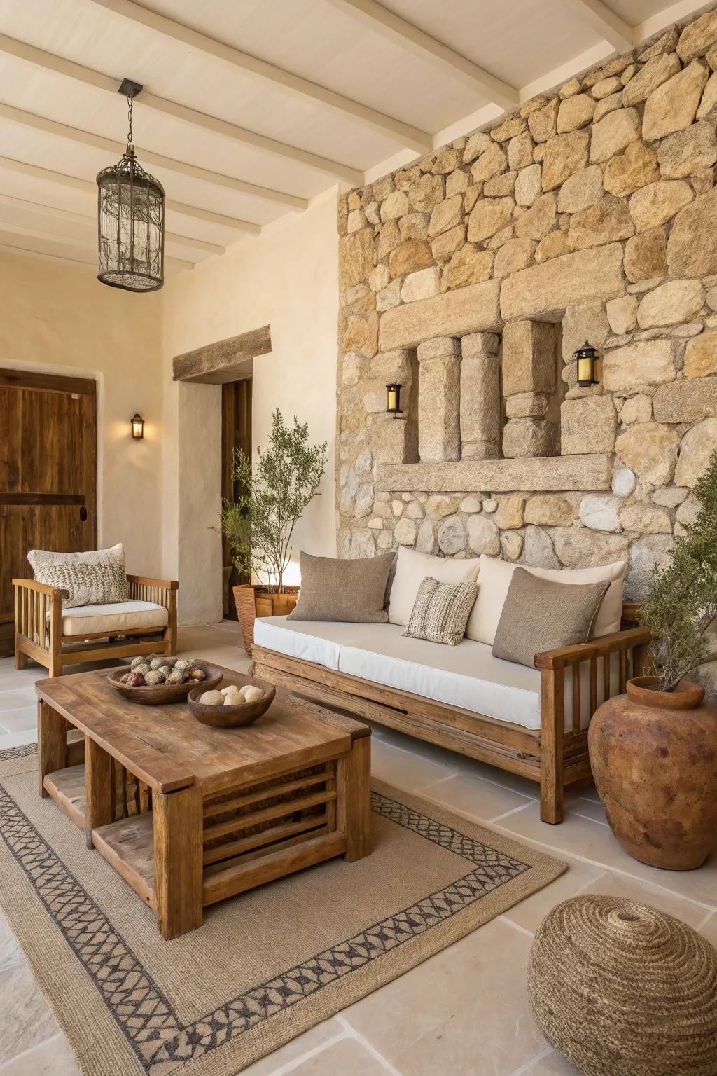 Organic elements like wood and stone elevate the sophisticated charm of this beige interior.