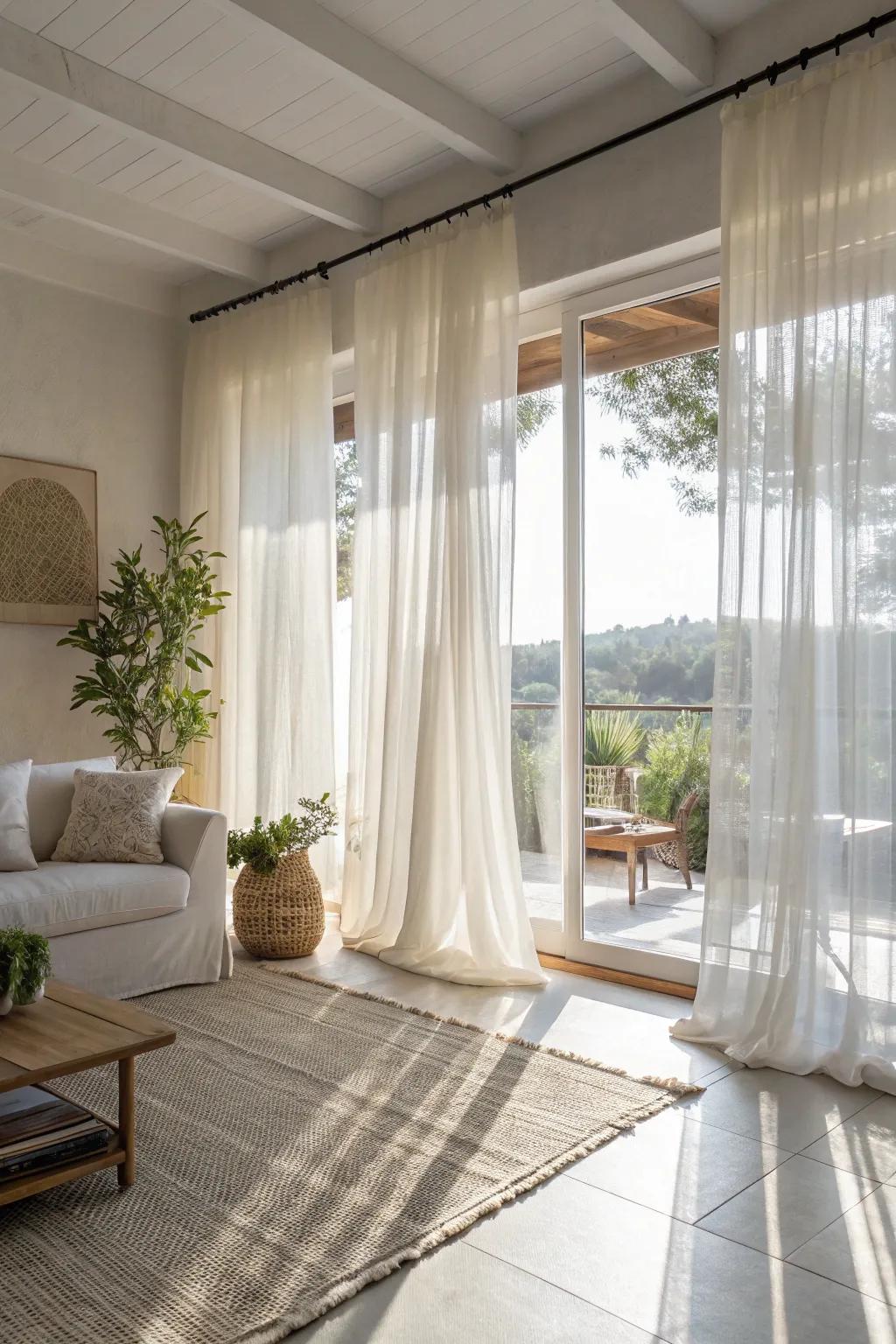 Sheer cotton drapes create a sunlit and welcoming atmosphere.