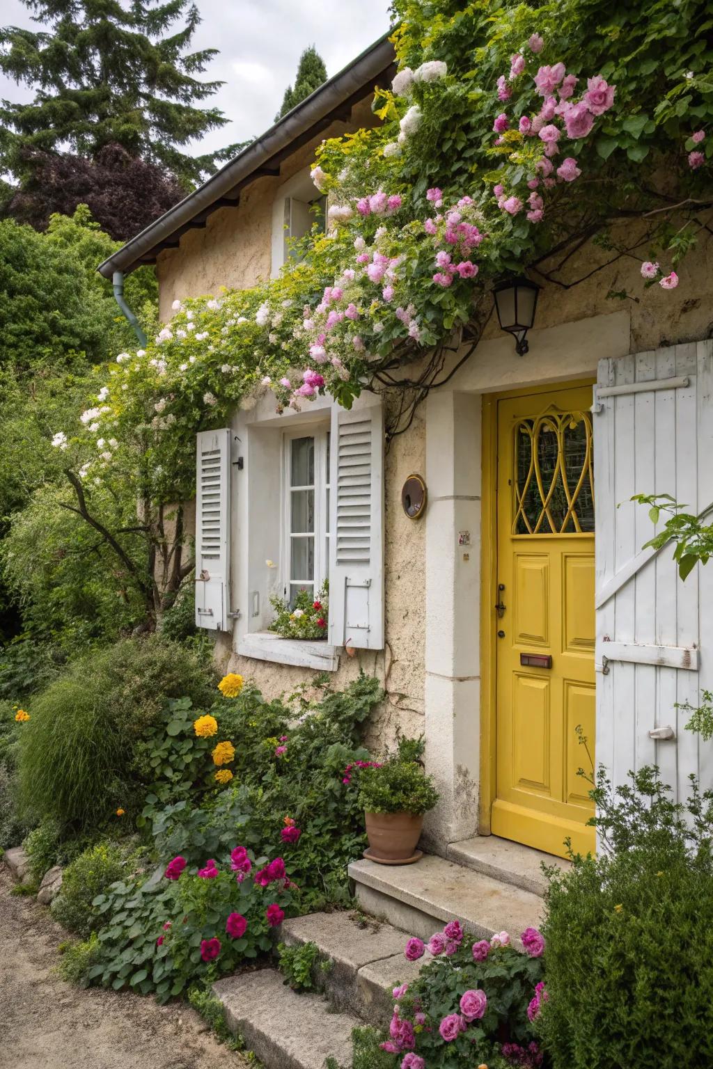 A bright yellow door infuses a splash of color into this charming cottage.
