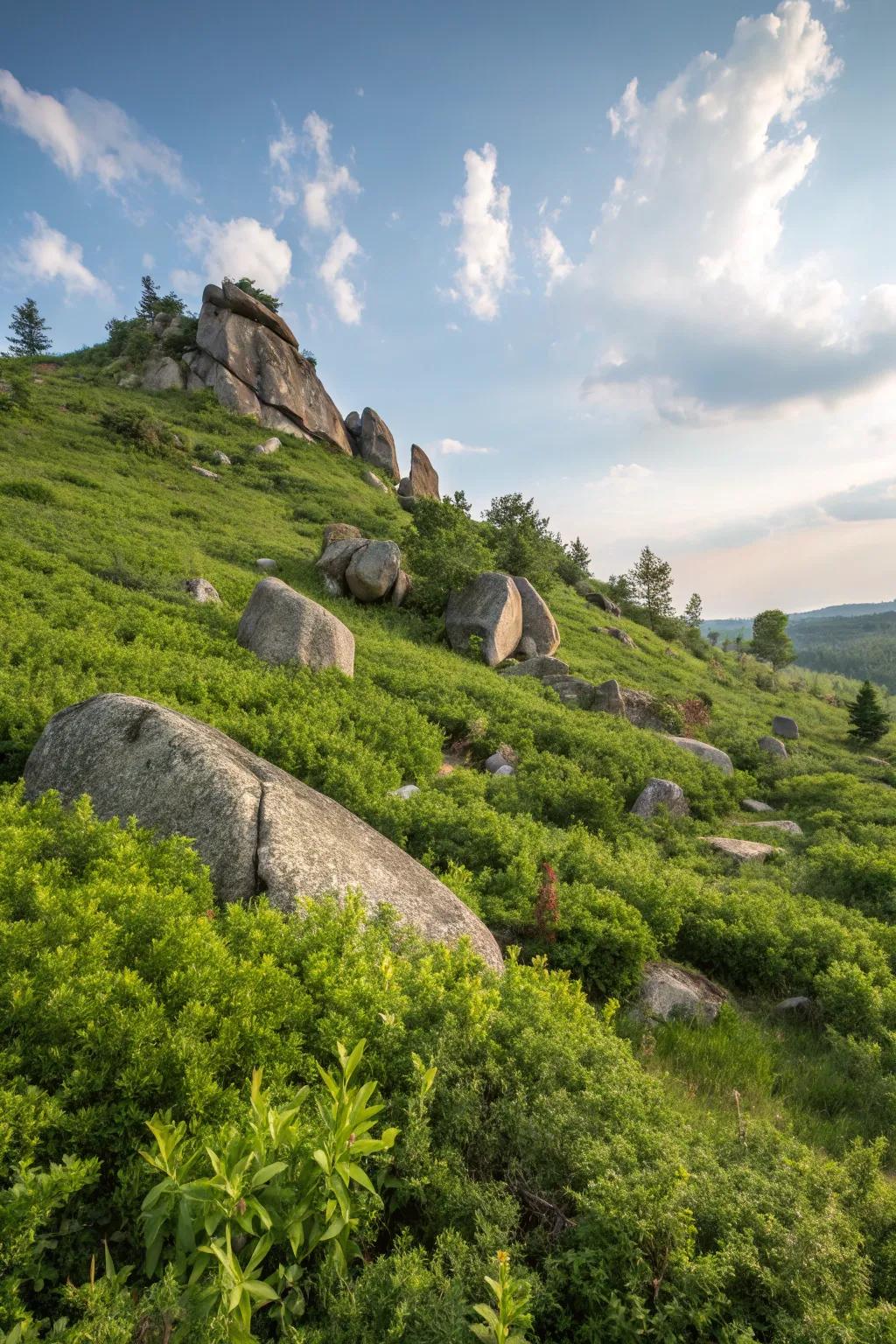 Rocks and boulders add structural integrity and beauty to hillsides.