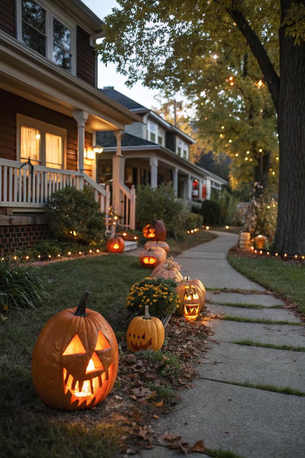 A pathway of glowing gourds guides trick-or-treaters.