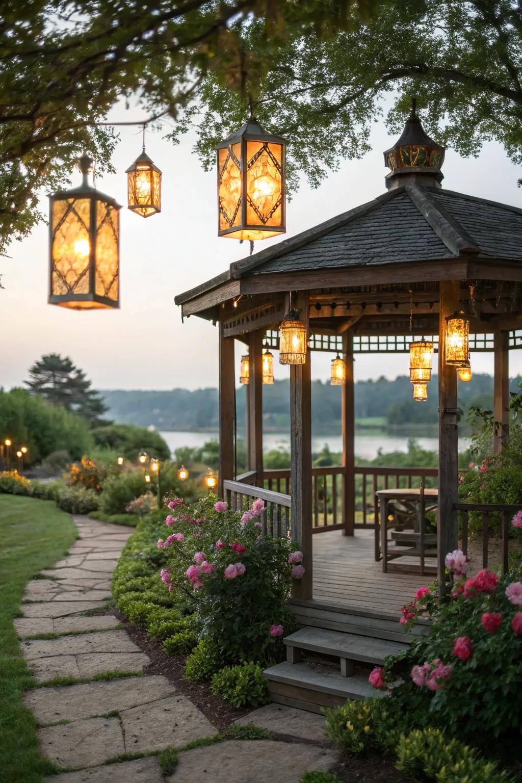 Hanging lanterns bring a timeless refinement to any gazebo.