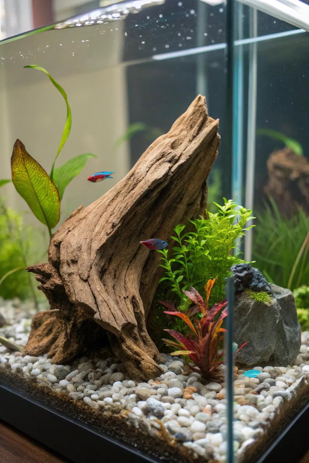 Countryside-style petrified wood enriches your betta's abode.