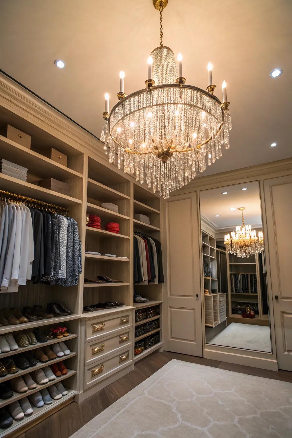 A walk-in closet featuring a radiant chandelier suspended from the ceiling.