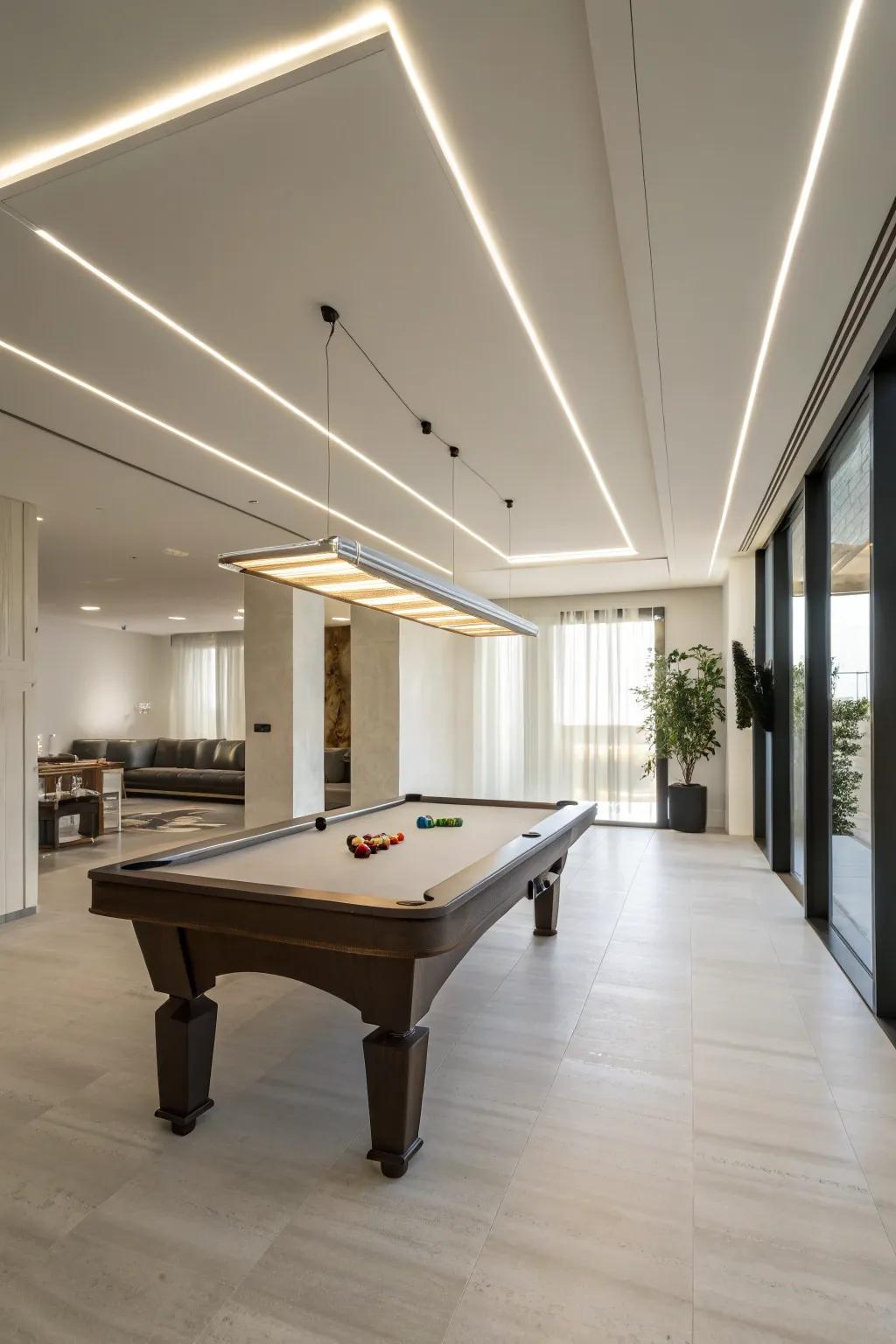 Sleek minimalism fashions an expansive and ventilated billiard space.