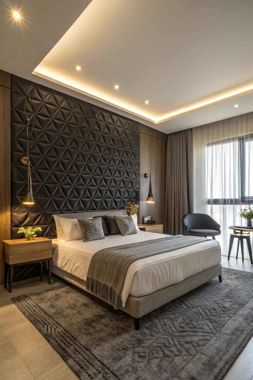 A textured black accent wall that adds depth and interest to the bedroom decor.