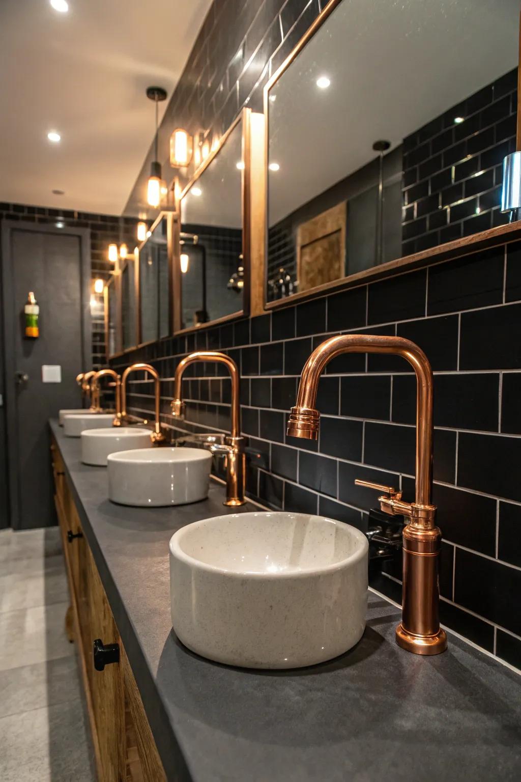Refined copper fixtures complement elegant dark panels beautifully.