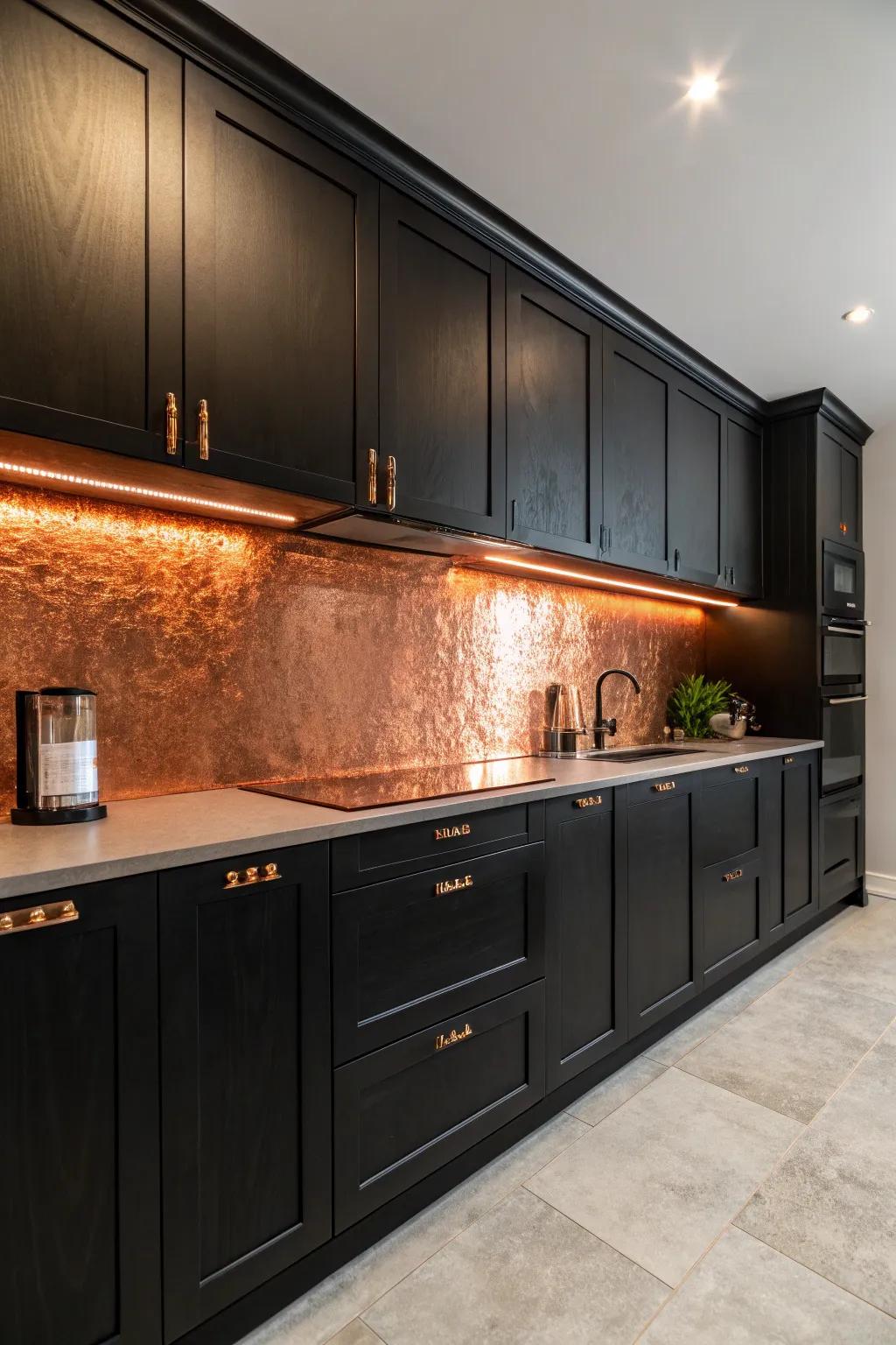 Copper panels add shape and warmth to smooth black kitchens.